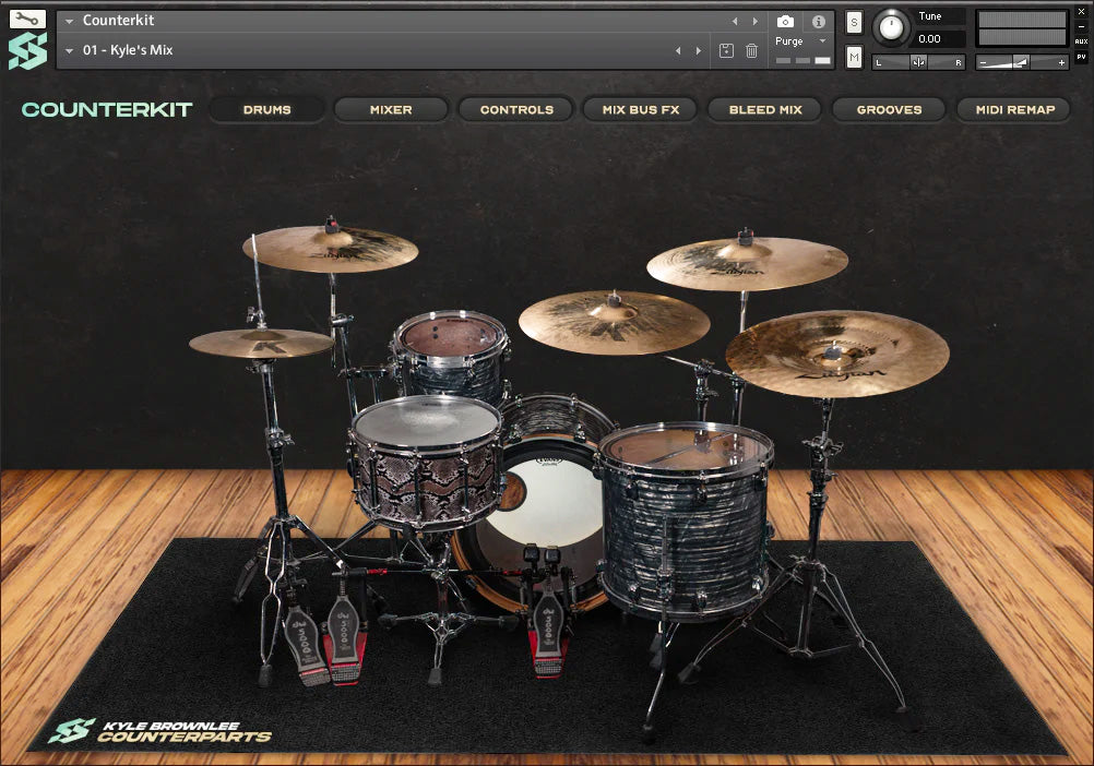 Counterkit Drum View software UI - Kyle's drumkit on a wooden studio background inside Kontakt.