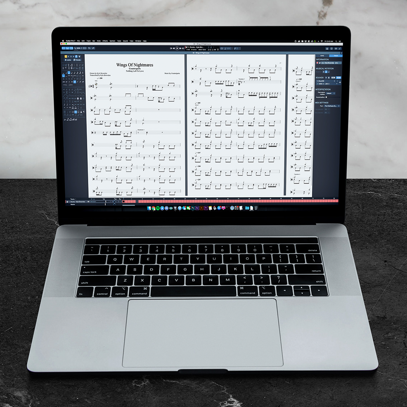 Laptop using Guitar Pro 6 notation with a file from the "Nothing Left to Love Drum Bundle."