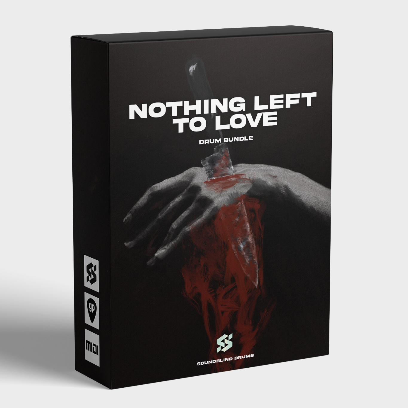 Mockup of Soundblind Drums product "Nothing Left to Love Drum Bundle" with album art.