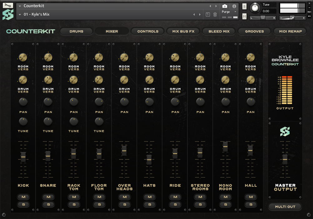 Counterkit's mixer interface and functions including reverbs, pan, tune, fader levels, mute and solo buttons.