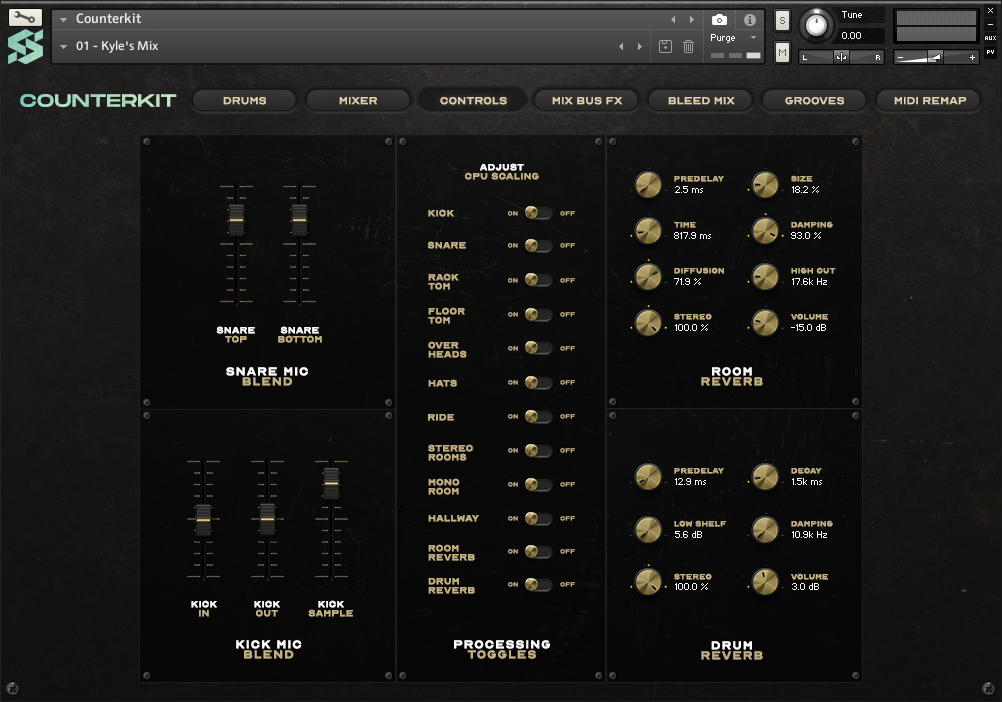 Counterkit's controls interface and functions including microphone blends, CPU scaling, and reverb adjustments.