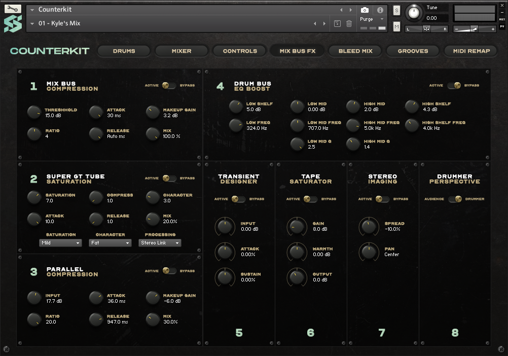 Counterkit's Mix Bus FX 8 channel drum chain with knobs and toggles for audio processing.