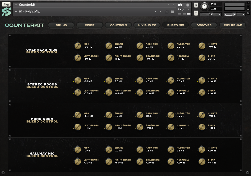 Bleed Mixer page showing Counterkit's bleed interface with all room mic options.