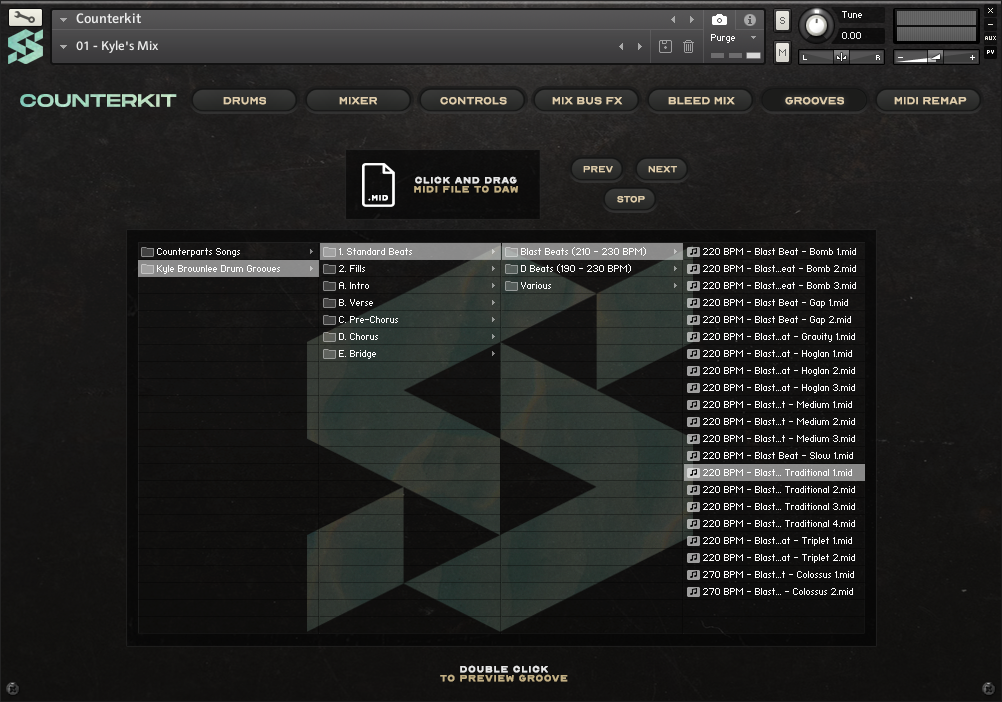 Counterkit's MIDI groove interface with file browser and MIDI groove function buttons with drag and drop.