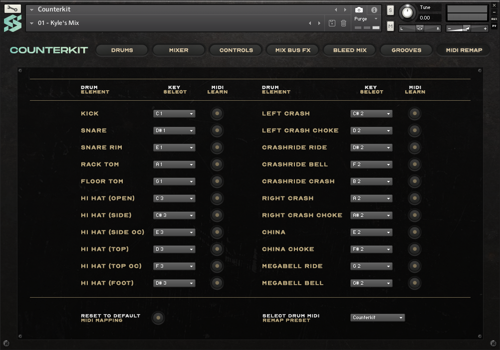 Counterkit's MIDI remap interface with midi key select, midi learn, and midi preset options.