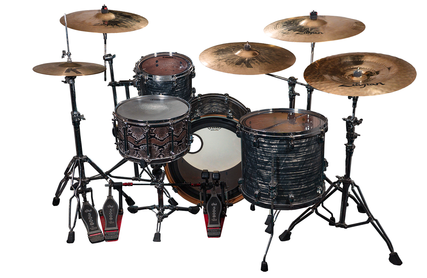 The drumkit used for Counterkit from the drummer's perspective, with a transparent background and only drums visible.