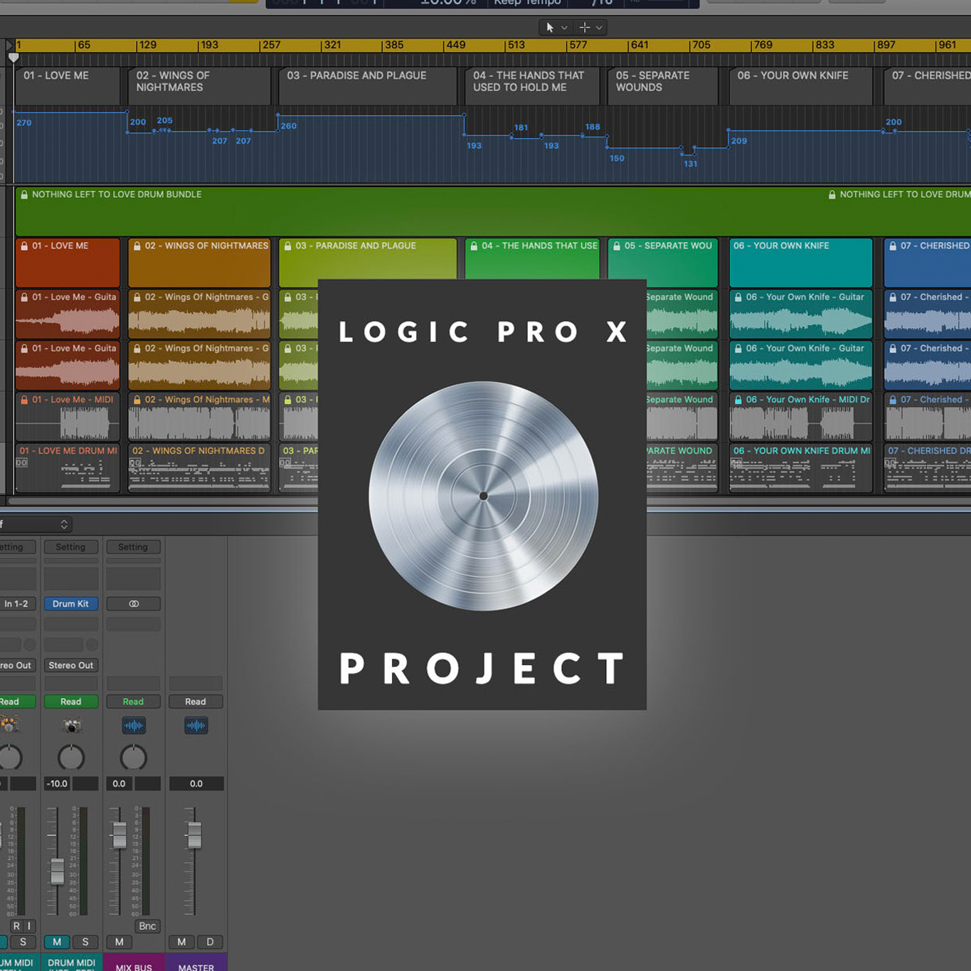 A screenshot of Logic Pro X of the included work session for Soundblind Drums product "Nothing Left to Love Drum Bundle".