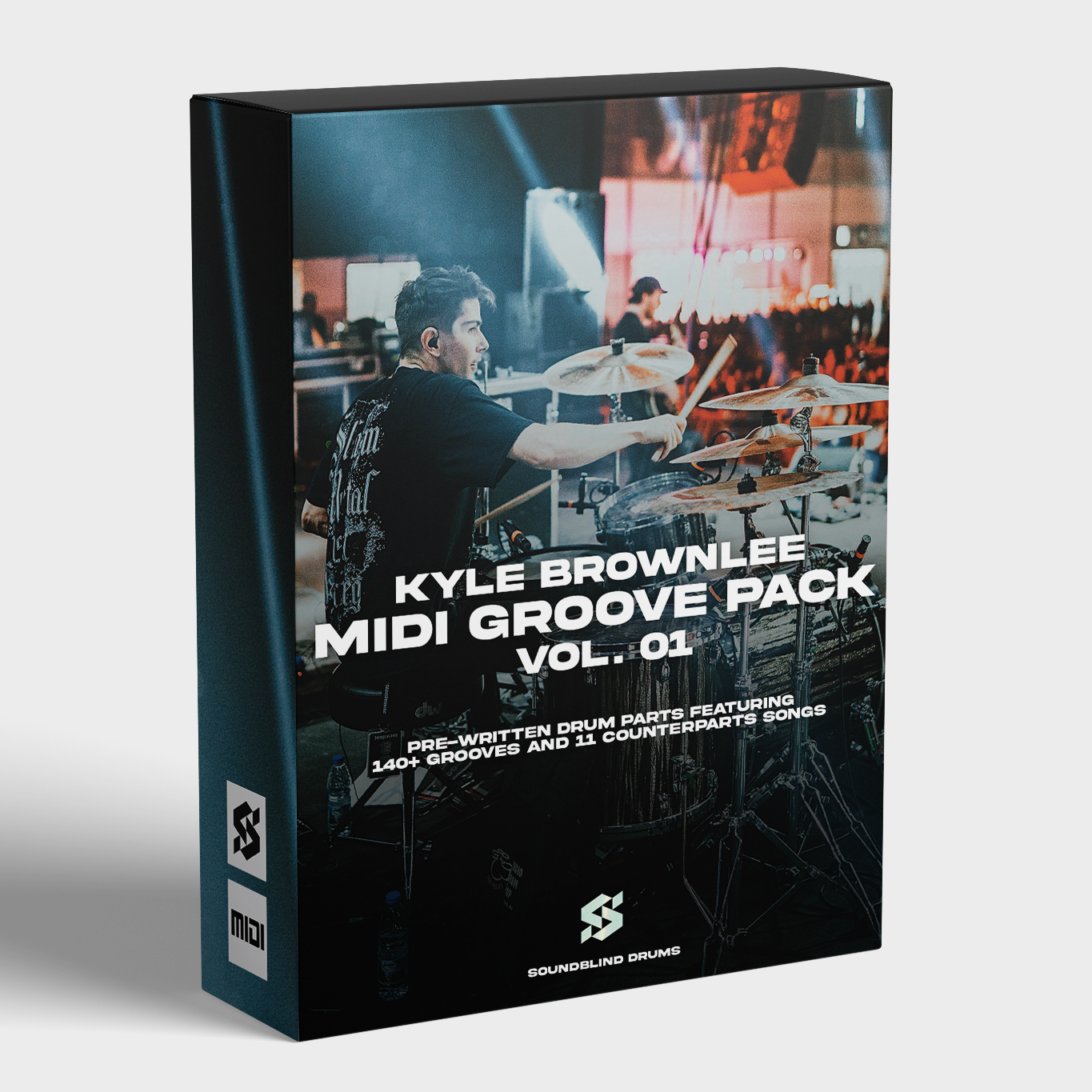 Box mockup of Soundblind Drums product "MIDI Groove Pack Vol. 01 - Kyle Brownlee". Kyle drumming on stage with Counterparts.